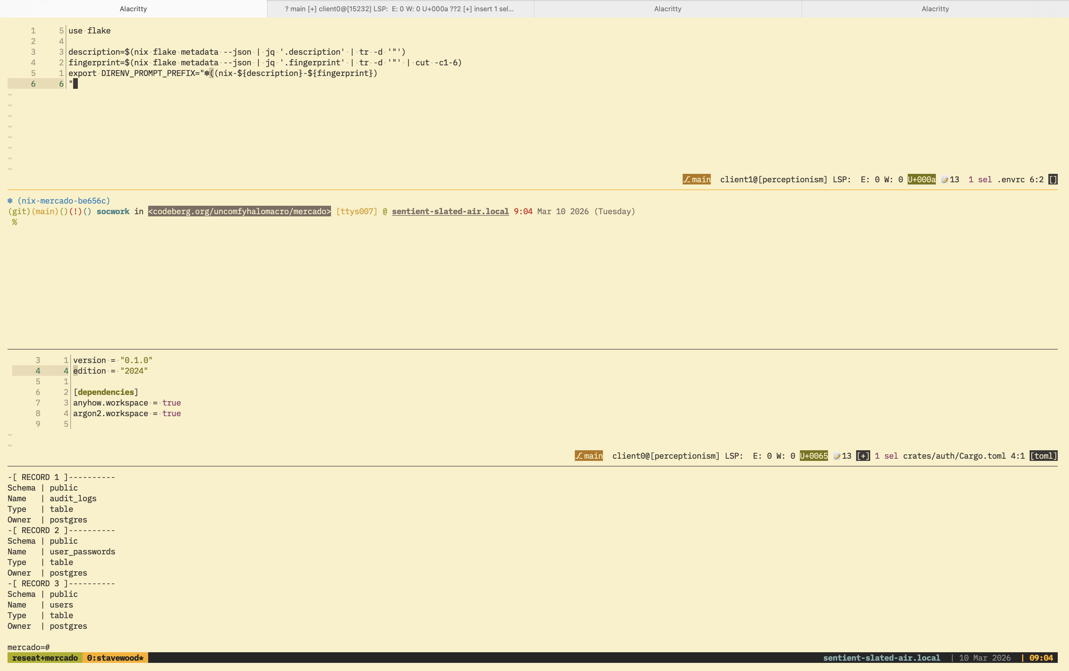 screenshot of tmux with four split panes with new prompt in the second pane