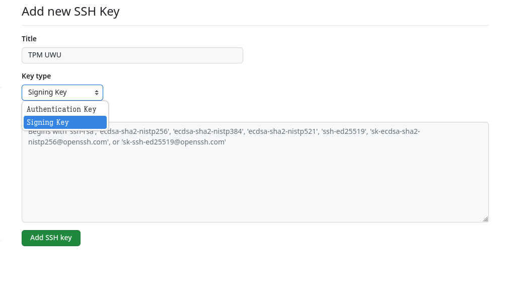 GitHub SSH Signing Key Section