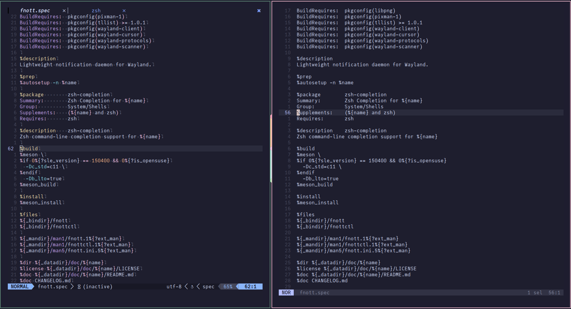 comparing helix and neovim syntax highlighting of rpm